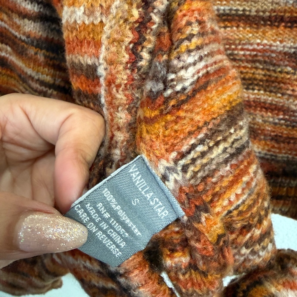 Vanilla Star Brown Marled Open Back Tie Sweater S Boho Y2K Fall Balloon Sleeve - Picture 8 of 11